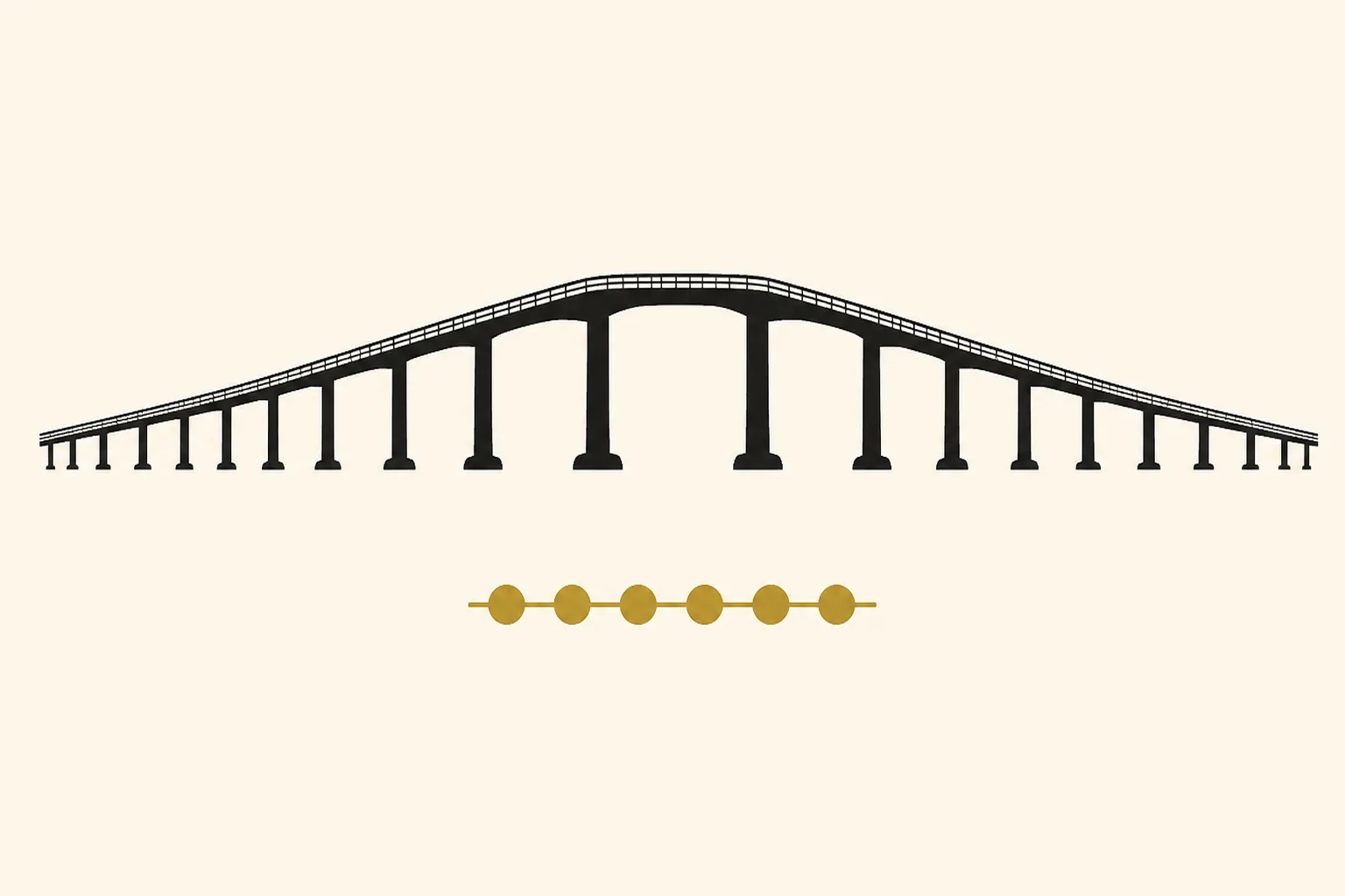 石川県の経営事項審査ガイド。生成りの紙地に、能登島大橋を墨の平面イラストで描き、手前に金色のそろばんの珠を横一列に添えた図
